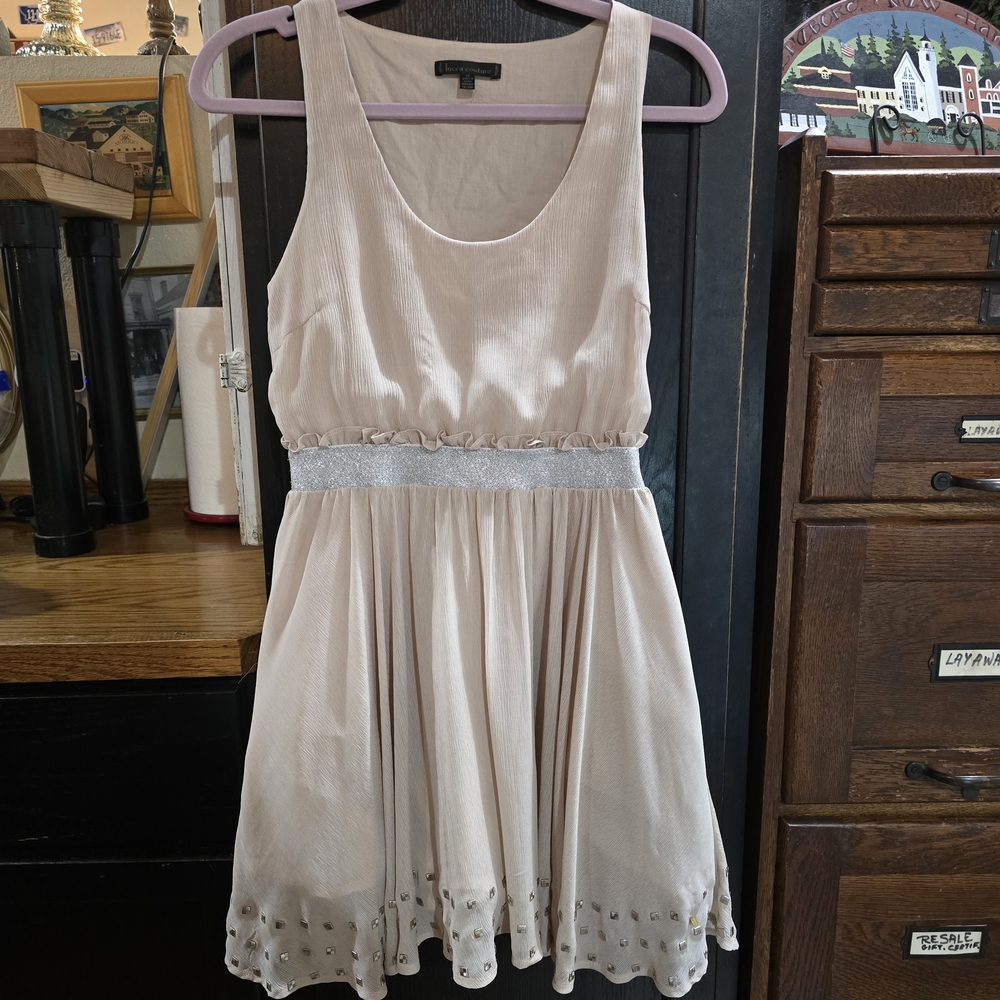 Lucca Couture Beige Mini Dress with Silver Accents